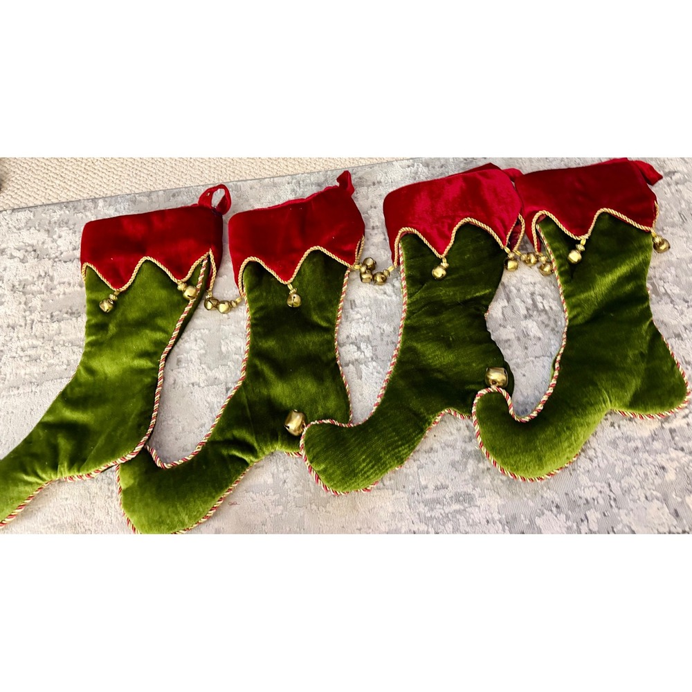 Frontgate Velvet Elf Shoe Christmas Stockings Green Red Jingle Bells Holiday 4